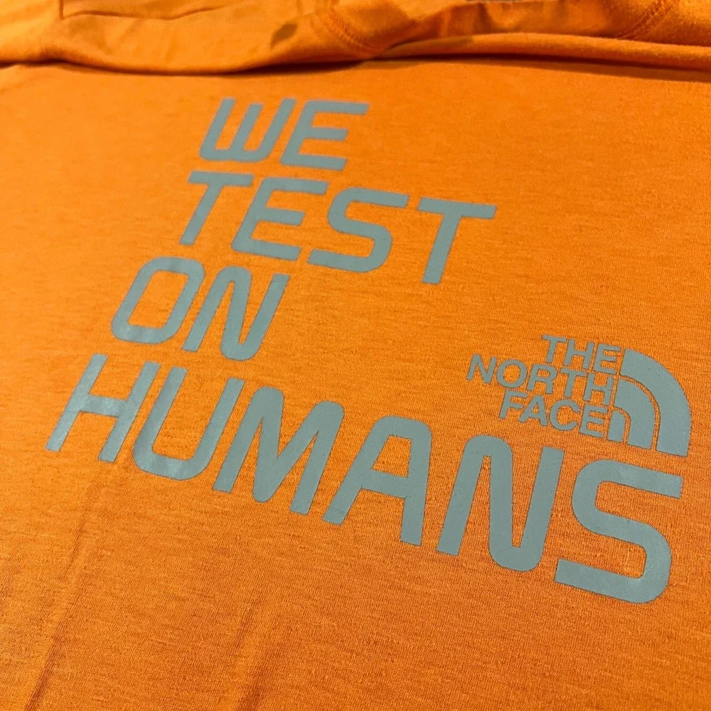 The North Face We Test On Humans Shirt Mens L Orange Graphic Tee Hiking